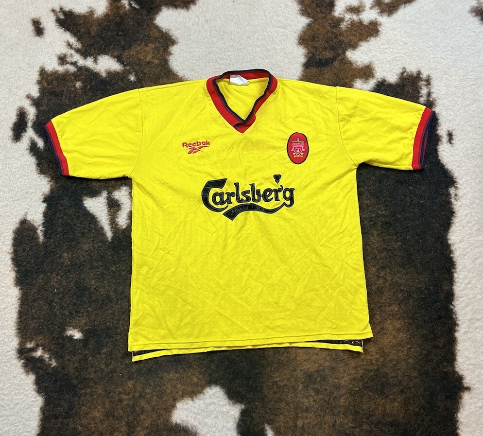 VNTG Reebok CARLSBERG LIVERPOOL FC JERSEY SOCCER Sz L/XL *flaws*