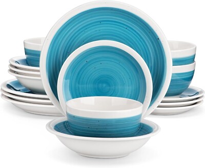 16Pc Stoneware Dinner Set Round Deep Desert Plates Soup Cereal Pasta Bowls  Blue UK