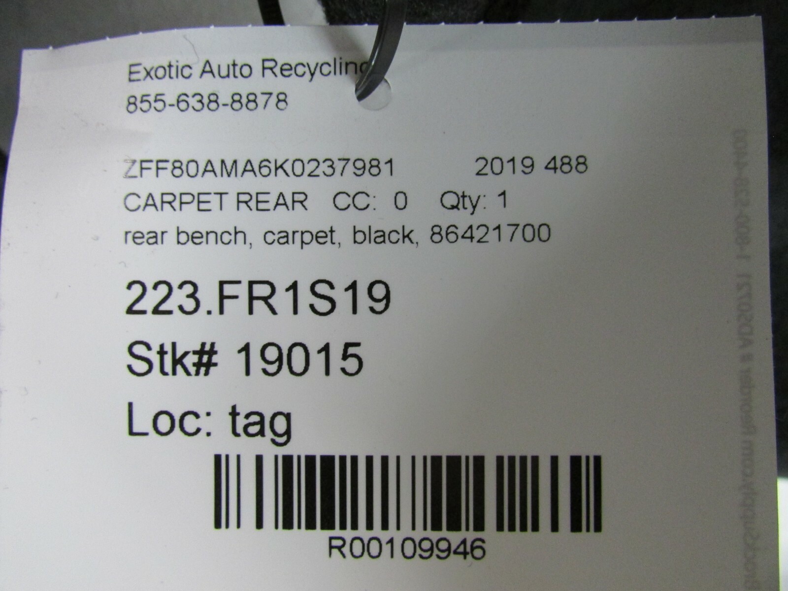 Ferrari 488, Rear Carpet Bench, Black, Used, P/N 86421700
