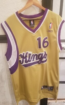 VTG NBA Reebok HWC Sacramento Kings Peja Stojakovic Jersey Mens L Gold SEWN  16