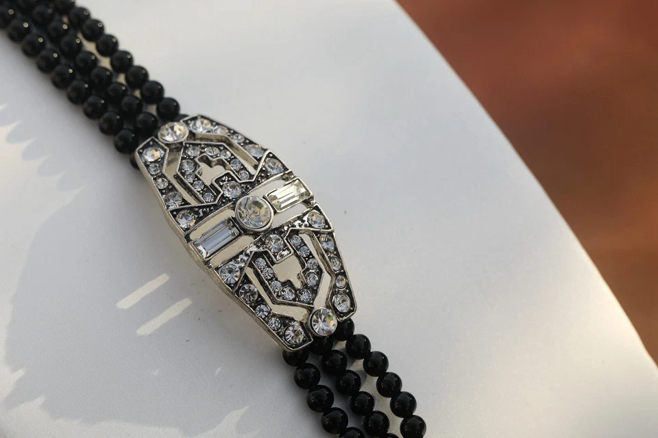 Armband Silber Kunst Deko Strass Rechteck Viele Reihen Perle Achat Schwarz QD30 - Bild 3 von 4