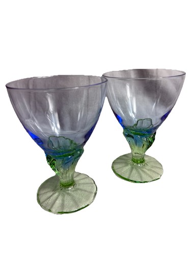 Set of 2 Vintage Bormioli Rocco Bahia Green & Blue Glasses Made in Italy 5.5 in