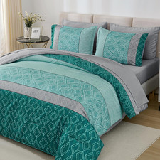 Queen Comforter Set Boho, Soft Teal Striped 7 Piece Bed in a Bag Queen Size Warm