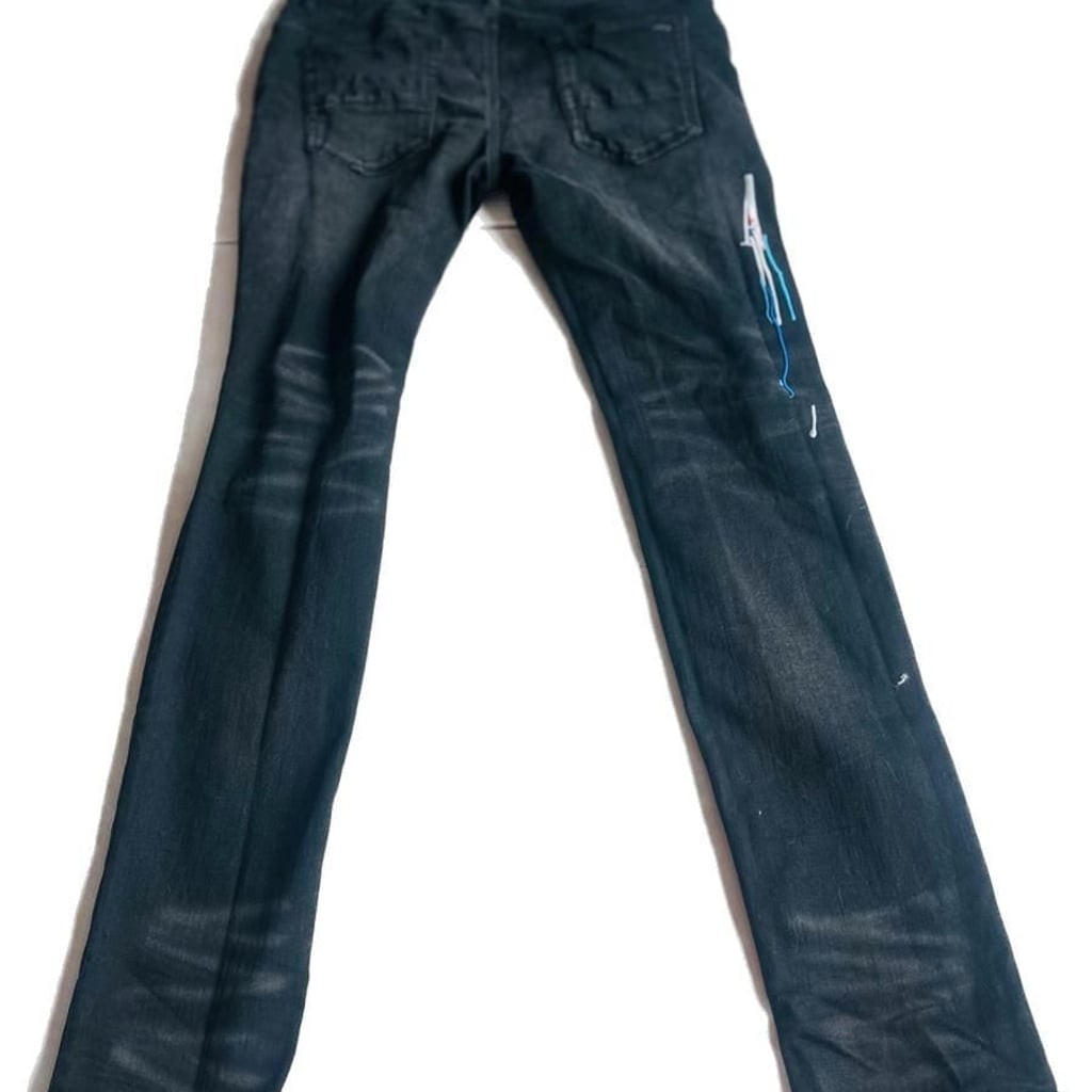 Amiri Aged Black Paint Drip Logo Distressed Slim Jeans image 2