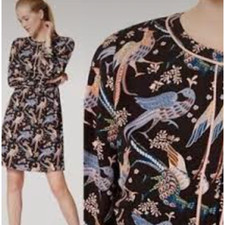 LOFT Peacock Bird Shirt Dress 10 10P Black Pink Blue Romantic Academia Career