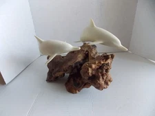 14" Extra Large John Perry Sculpture 2 Dolphins on a  Beautiful BURL Wood Base