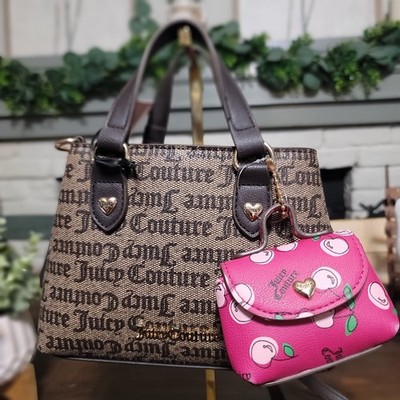 Juicy Couture Taupe Brown Satchel Logo With Cherry Bag Charm Gold Hardware NWT
