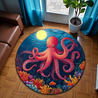 Ocean Octopus Round Rug Colorful Coral Marine Life Floor Mat Living Room Gift
