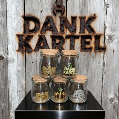 Lot of 5 Dank Kartel Brand Mini collectible Glass Dispensary cork top Stash Jars