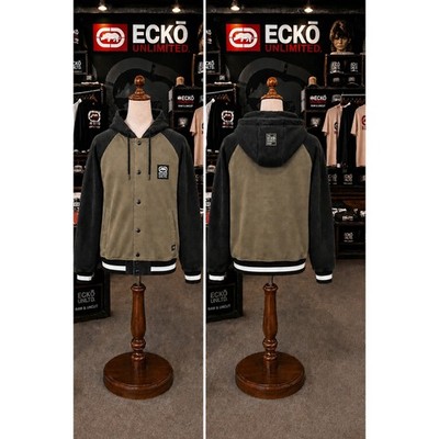 Ecko Unlimited Sherpa-Lined Varsity Hoodie Jacket Olive Black M