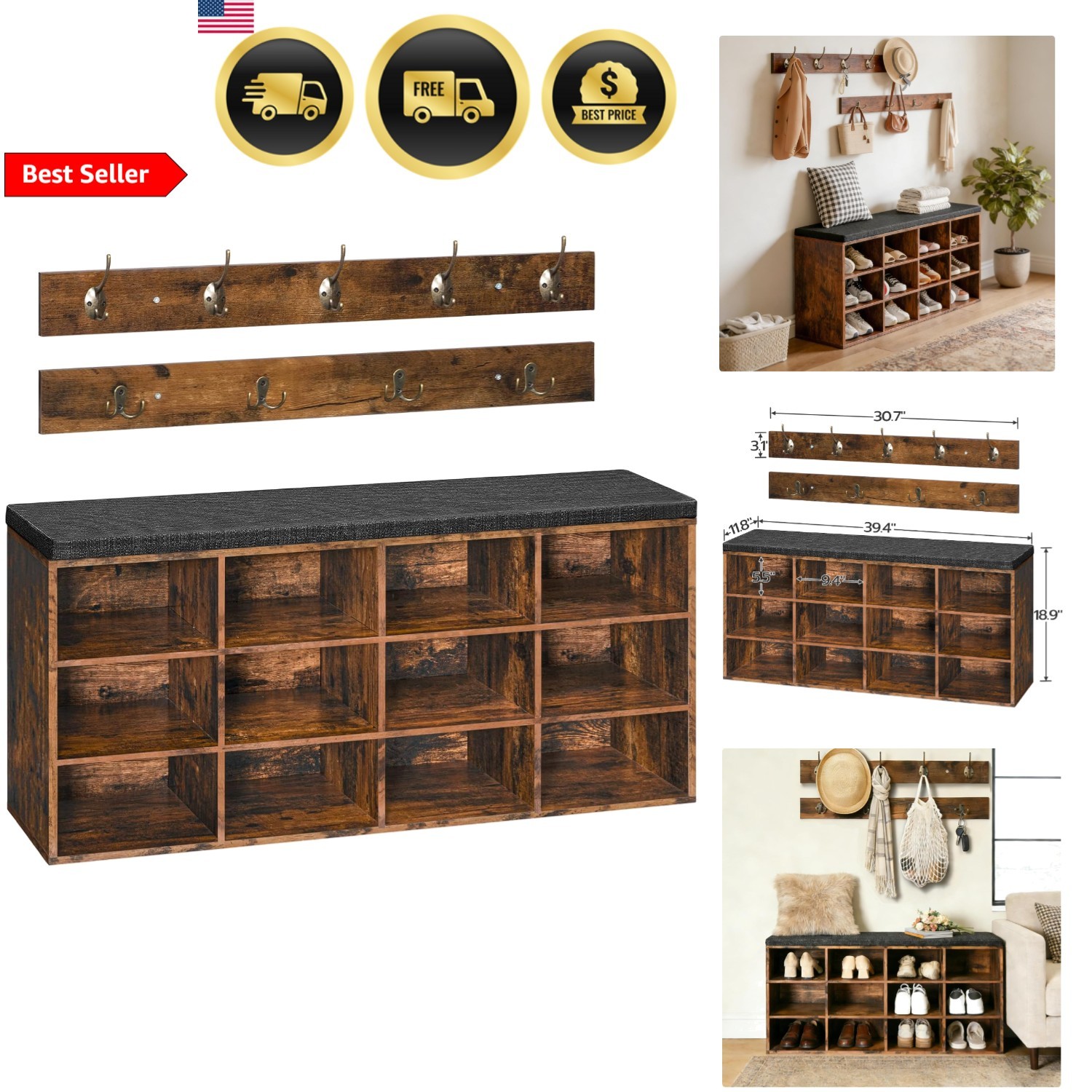 Shoe Storage Bench with Cushioned Seat Entryway Organizer wi