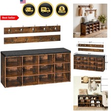 Shoe Storage Bench with Cushioned Seat Entryway Organizer with Hooks 12 Cubbies