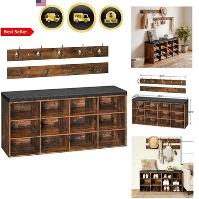 Shoe Storage Bench with Cushioned Seat Entryway Organizer with Hooks 12 Cubbies