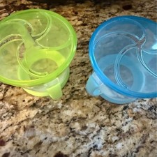 Toddler Snack Cups 2 Pack Green Blue Spill Proof Snack Containers Soft Lid