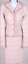 ST.JOHN Women's Tweed Pink Metallic Silver White Fringed Trim Jacket Skirt Sz 10