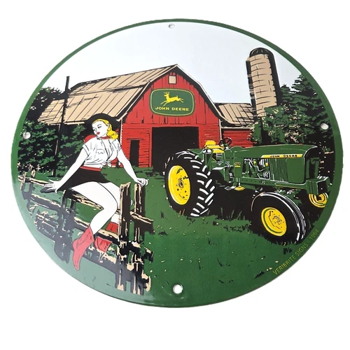 Vintage John Deere Pin Up Porcelain Sign - Barn Tractor Farm Girl Sign