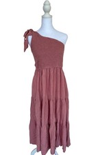 Merokeety Pink Smocked Tiered Maxi Dress Boho Cottagecore Tie Strap Sz L