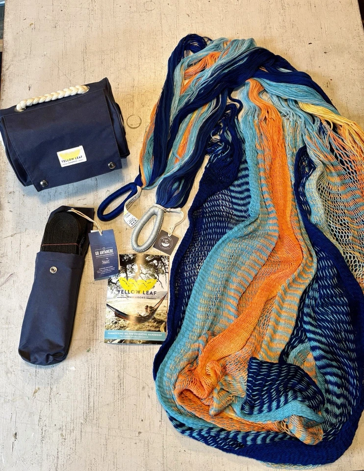 Hamaca doble clásica tejida a mano hoja amarilla en bolso de viaje con correas colgantes Foto 3 de 4