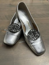 Vintage Silver 7.5 Gustinettes Women s Low Block Heels Silver Filigree 1950s