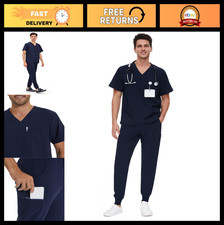 Men's V-Neck Scrubs Set - Jogger Pants Top, 11 Pockets, Water-Resistant, Easy