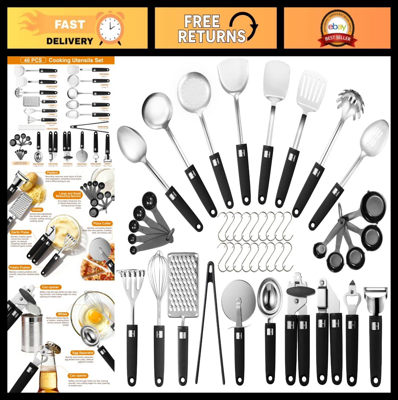 46Pcs Stainless Steel Kitchen Utensils Set, Cooking Tools, Metal Gadgets, Dishwa
Opens in a new wind