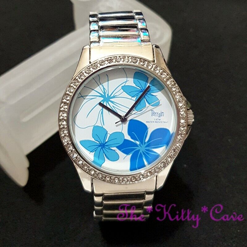 Silver 5 ATM Waterproof, Exotic Floral Blue Hibiscus Flower Watch Crystal