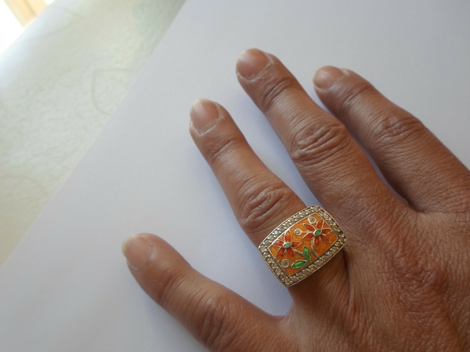 solid silver ring, knight, floral paint, zirconiu… - image 3