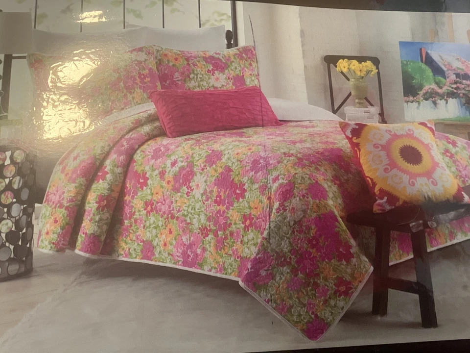 Edredón completo/queen rosa y verde Cynthia Rowley 3 piezas y fundas de almohada estándar Nuevo en paquete Foto 3 de 4