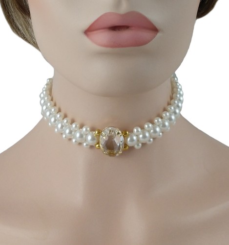 Faux Pearl Beaded Clear Jeweled Choker 