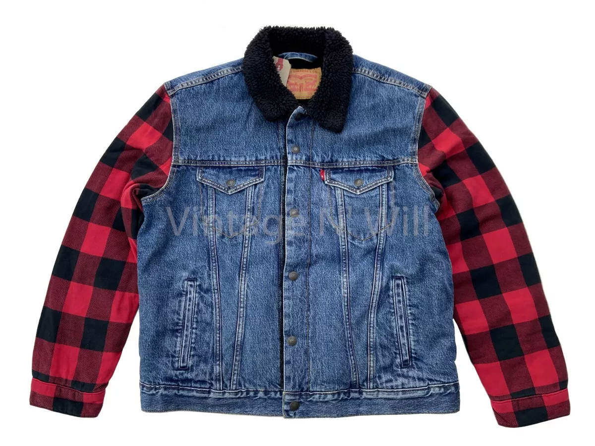 Levis Mens L Blue Jean/ Black Red Buffalo Plaid Sleeve Sherpa Trucker Jacket