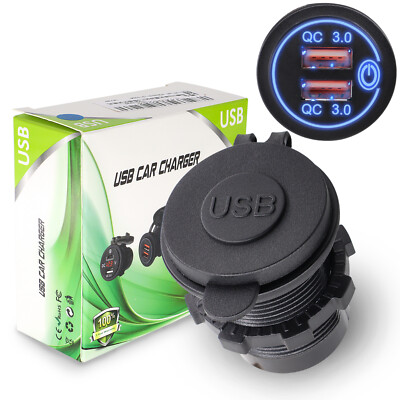QC3.0 Car Quick Charge Dual USB Waterproof Outlet Socket Power Wire Auto 12V 24V