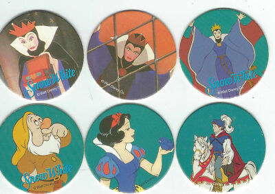 6 Vintage 90's Snow White Dwarfs Pogs Walt Disney The Evil Queen Prince Sneezy