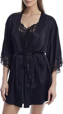 Reveal MIDNIGHT BLACK Smooth Satin & Lace Kimono Short Robe, US X-Large/2X-Large