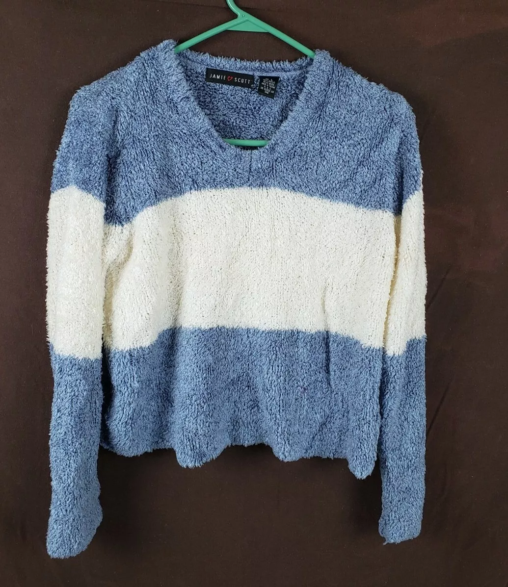 Jamie Scott Shaggy Soft Blue And White Color Block Sweater Juniors Size L