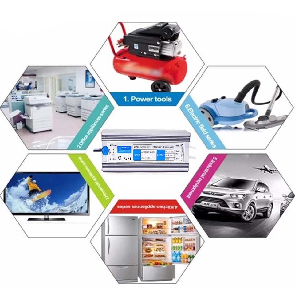 Светодиодный источник питания водонепроницаемый 110 В на постоянный ток 12 В преобразователь напряжения трансформатор адаптер - Изображение 3 из 4