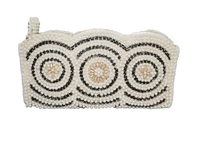EMSON Small Beaded Clutch Zip Pouch Faux Pearls Flower Applique Ivory White Gray