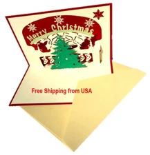 3D Pop Up Greeting Card Merry Christmas Tree Fireplace Home Handmade Gift Family