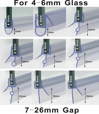 Shower Screen Seal Bath Door Strip | Glass Thickness 4mm-6mm | Seals Gap 3-26mm