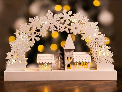 MARCO PAUL Christmas Candle Bridge Decoration White Wooden Village Scene Light Up Arch Xmas