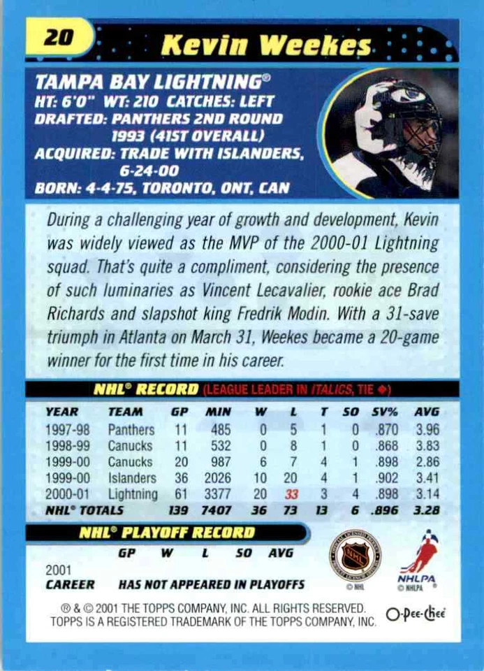 2001-02 O-Pee-Chee Kevin Weekes #20 - Image 2 of 2