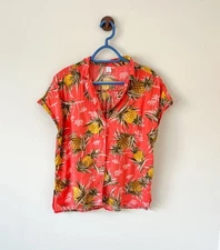 OLD NAVY Orange Pineapple Palm Tree Button Down Shirt Cotton Rayon Womens Medium