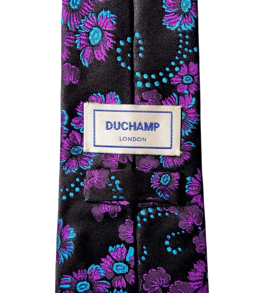Duchamp London Necktie Black Purple Blue Floral Silk Jacquard Made in England - Image 4 of 4
