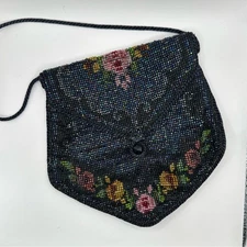 Vintage Retro style Fabric Beaded Black & Floral Evening Handbag VTG Retro 1950s