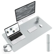 Silver-Grey Leather Desk Pad 35.4 x 17 inch Large Non-Slip Computer Mat