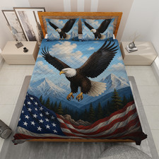 Patriotic USA Flag Bald Eagle Veteran's Day Mermorial Day Gift Quilt Bed Set