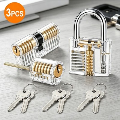 3PC Clear Acrylic Transparent Practice Lock Cutaway Pin Tumbler Trainer Tool