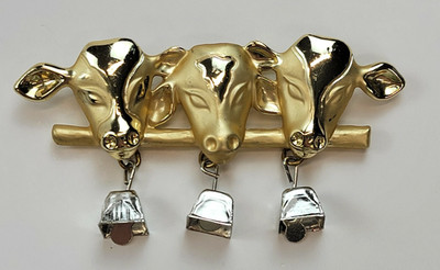 AJC Cow Bell Brooch Figural Gold & Silver Tone 3'' Vintage Signed