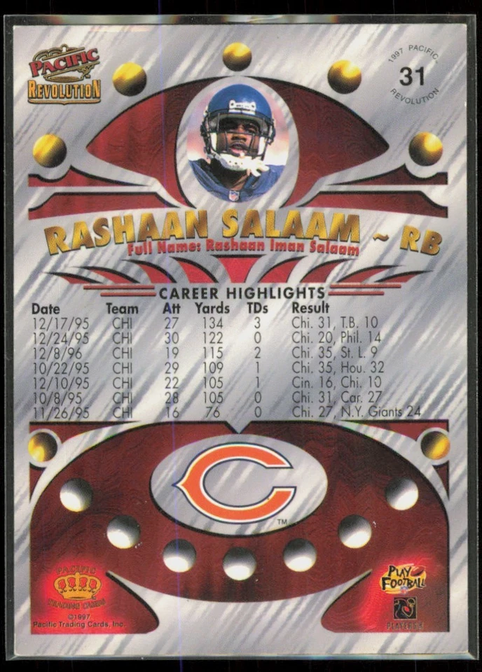 1997 Pacific Revolution Rashaan Salaam Chicago Bears #31 - Image 2 of 2
