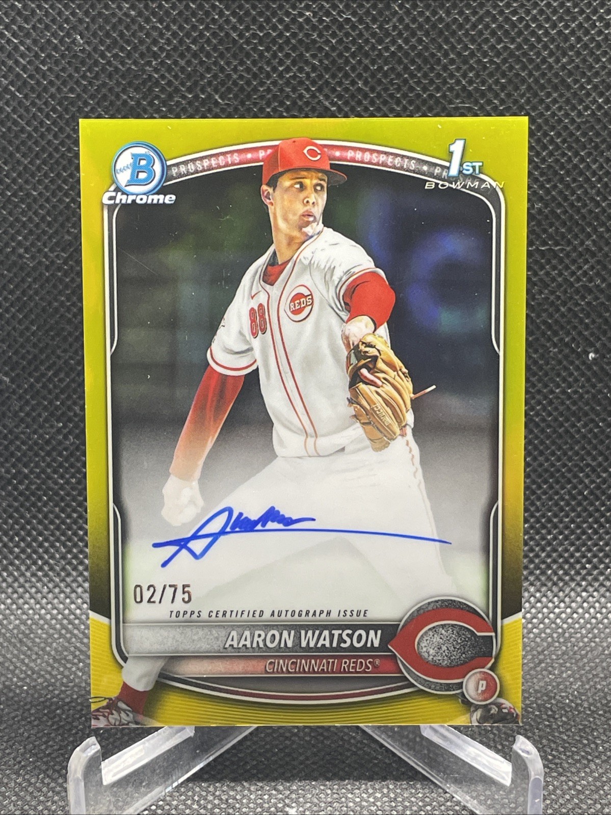 2025 Bowman Draft Aaron Watson Chrome Auto Yellow Refractor 1st #/75 Reds