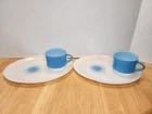 Fire King Anchor Hocking Blue Mosaic Snack Set, 4 Piece, Vintage Cups Excellent!